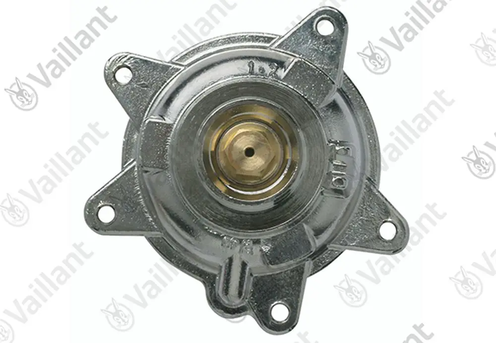 Vaillant Wasserschalter-Oberteil in metallischer Ausführung mit zentraler Öffnung und Montagebohrungen an den Seiten.